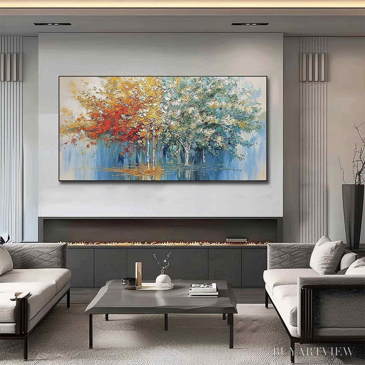 ARTOVITAS Seasonal Embrace – Textured Palette Knife Forest Reflection Painting - image 2