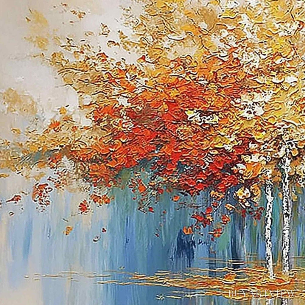 ARTOVITAS Seasonal Embrace – Textured Palette Knife Forest Reflection Painting - image 3