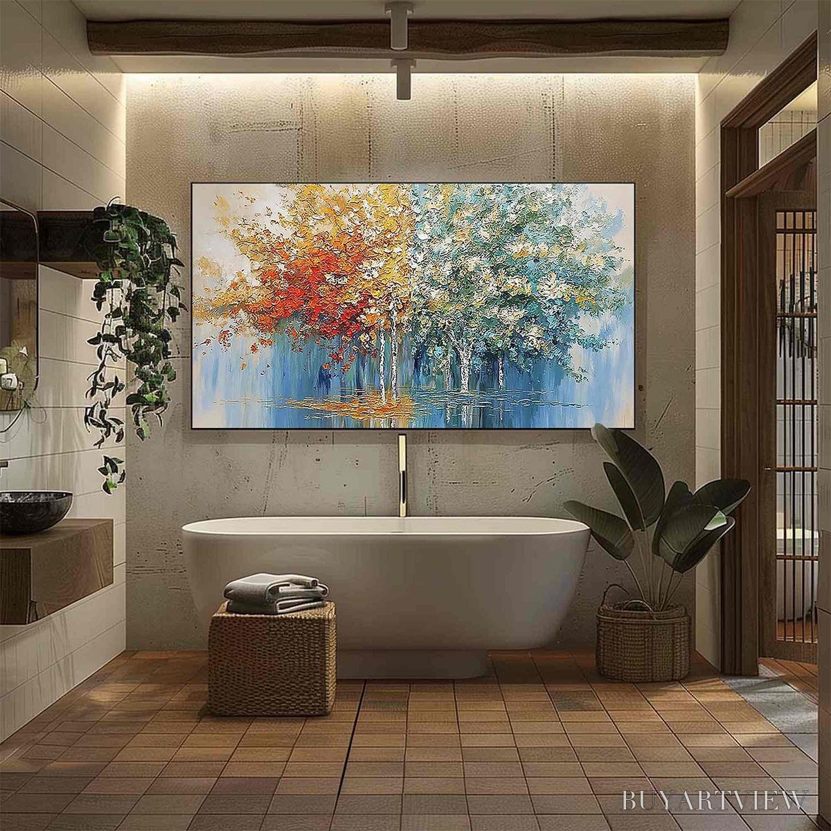 ARTOVITAS Seasonal Embrace – Textured Palette Knife Forest Reflection Painting - image 4