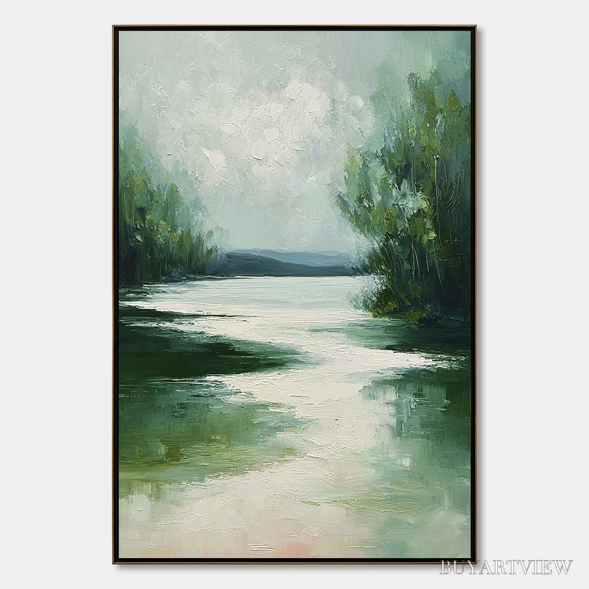 ARTOVITAS Verdant Reflections – Textured Vertical Green Landscape Painting - image 1