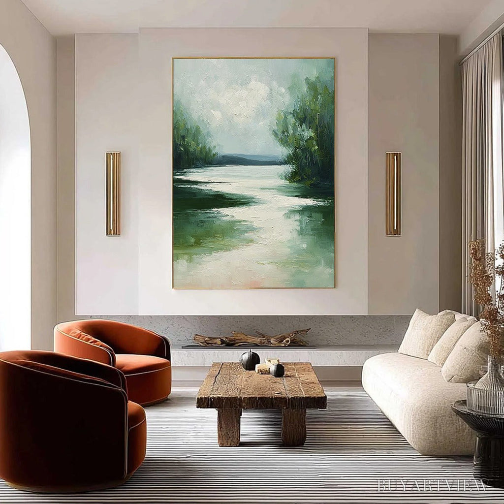 ARTOVITAS Verdant Reflections – Textured Vertical Green Landscape Painting - image 2