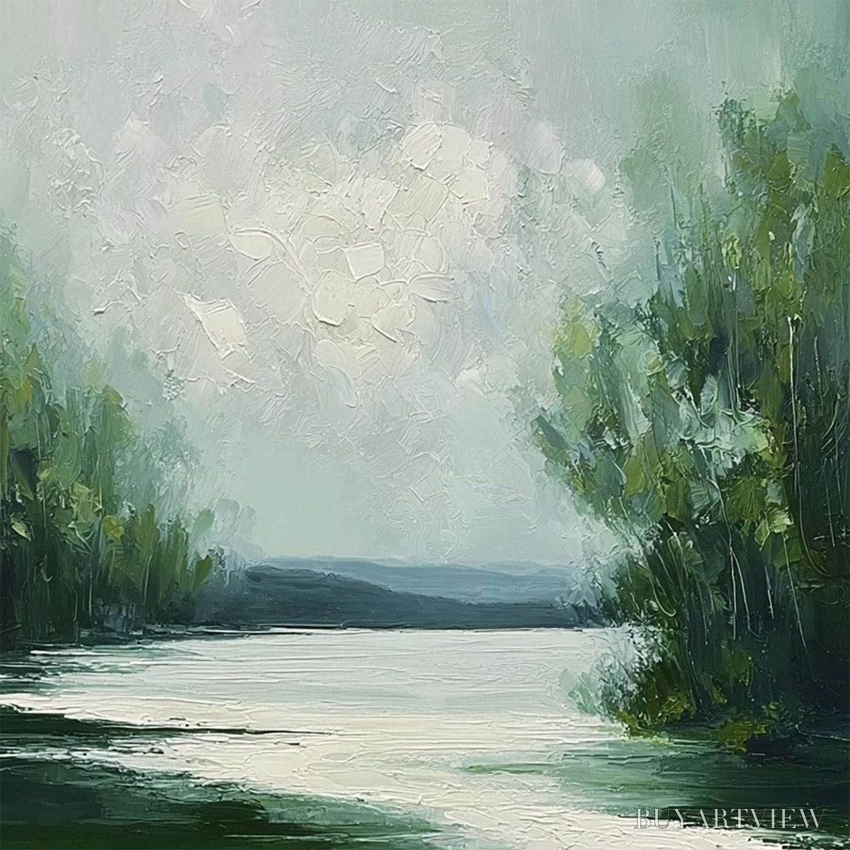 ARTOVITAS Verdant Reflections – Textured Vertical Green Landscape Painting - image 3