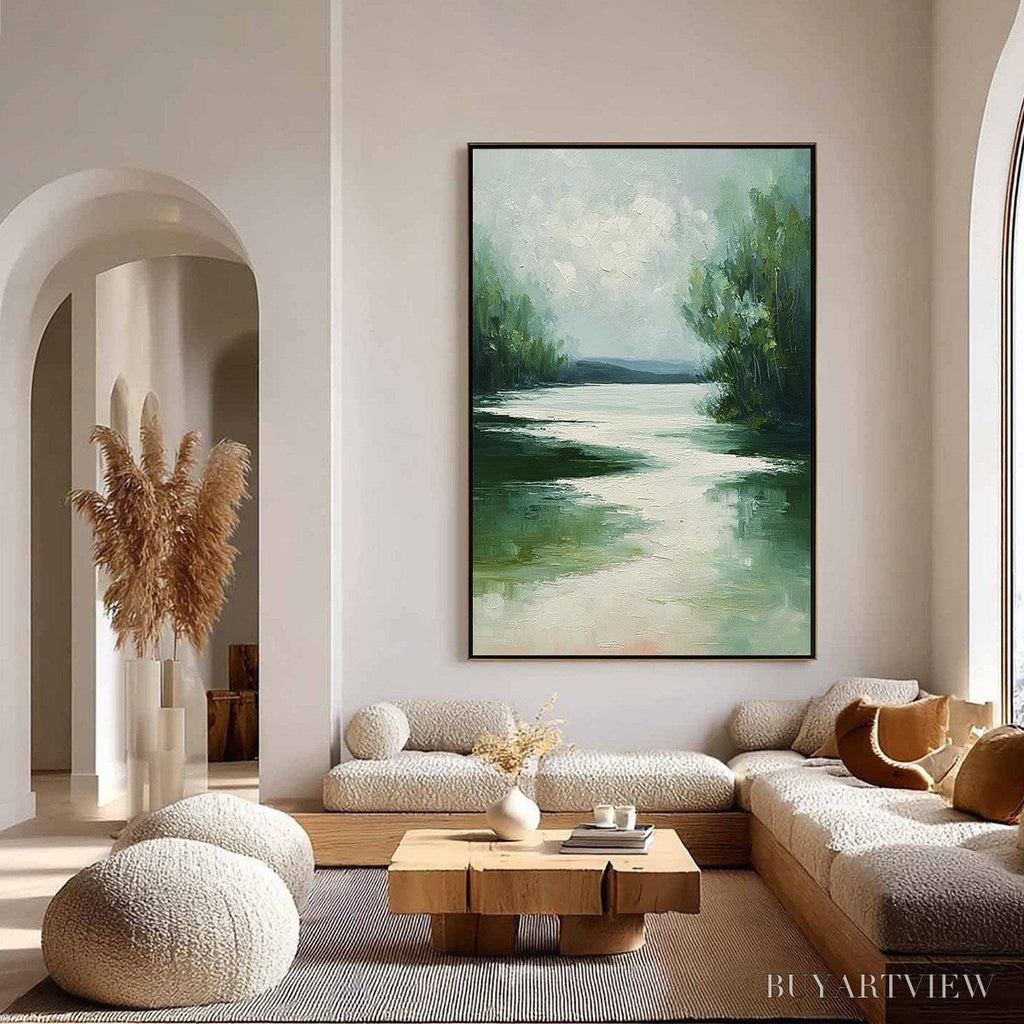 ARTOVITAS Verdant Reflections – Textured Vertical Green Landscape Painting - image 4