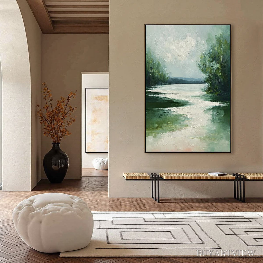 ARTOVITAS Verdant Reflections – Textured Vertical Green Landscape Painting - image 6