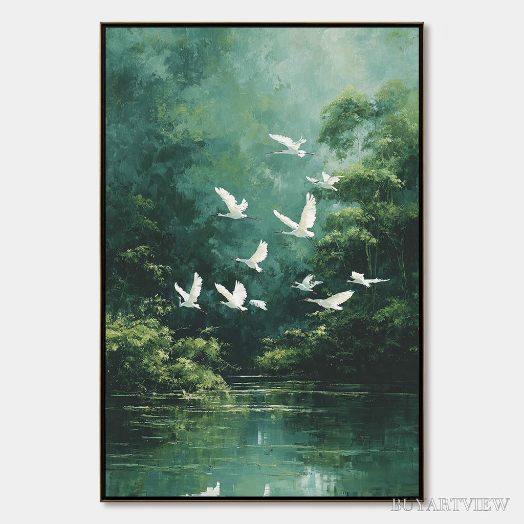 ARTOVITAS Green Haven – Serene Forest Landscape with Flying Egrets Painting - image 1