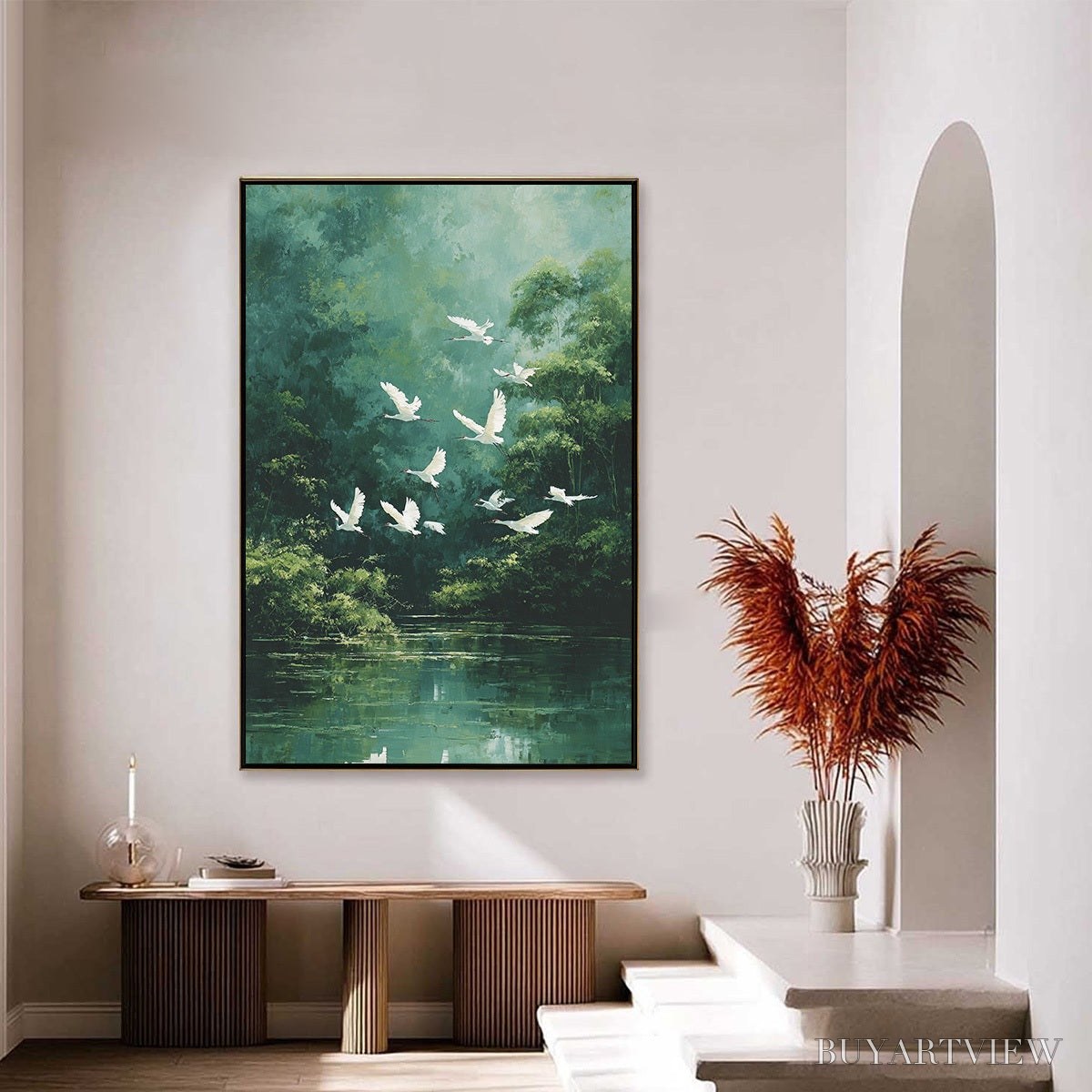 ARTOVITAS Green Haven – Serene Forest Landscape with Flying Egrets Painting - image 2