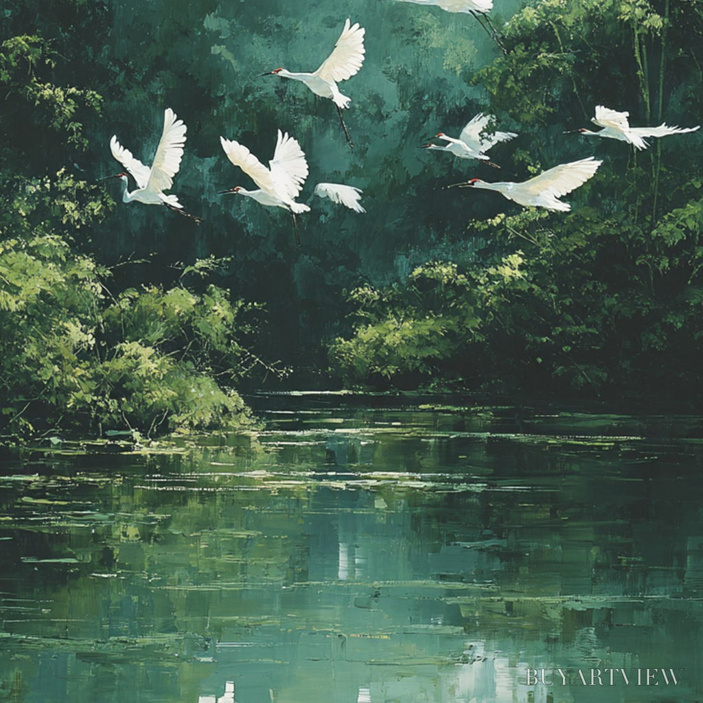 ARTOVITAS Green Haven – Serene Forest Landscape with Flying Egrets Painting - image 3