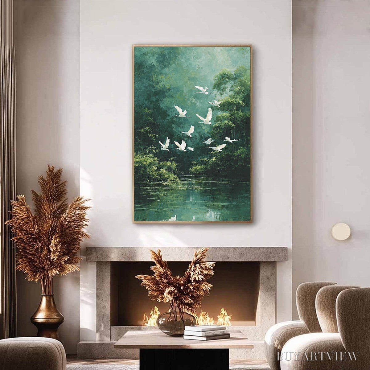 ARTOVITAS Green Haven – Serene Forest Landscape with Flying Egrets Painting - image 4