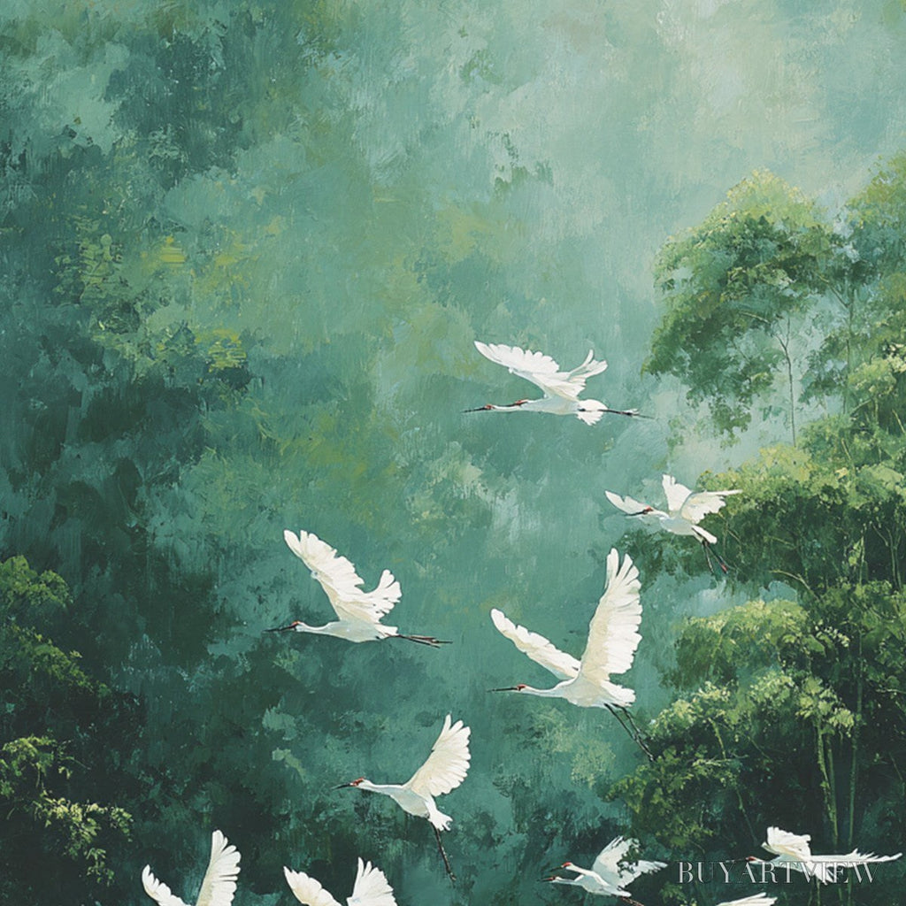 ARTOVITAS Green Haven – Serene Forest Landscape with Flying Egrets Painting - image 5