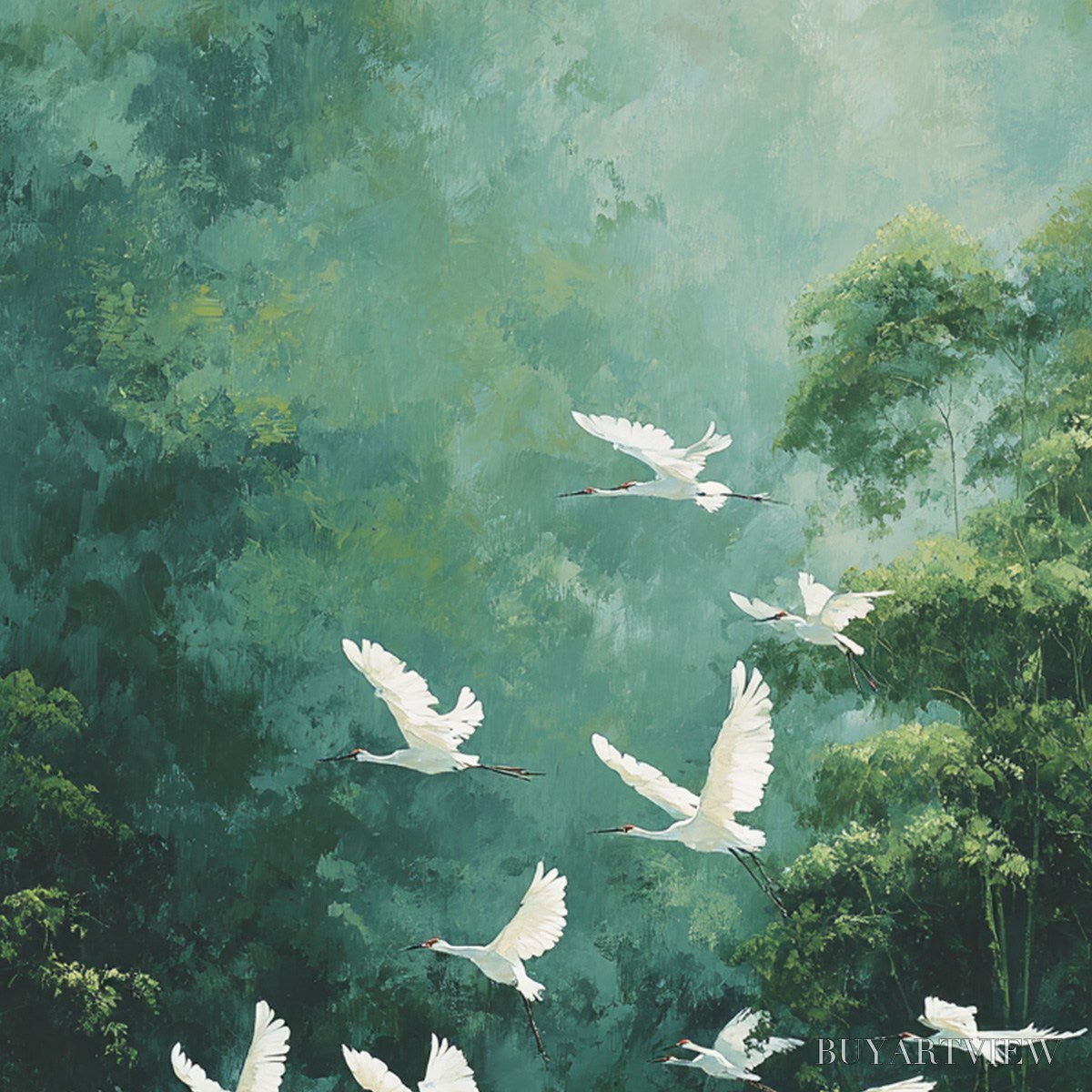 ARTOVITAS Green Haven – Serene Forest Landscape with Flying Egrets Painting - image 5