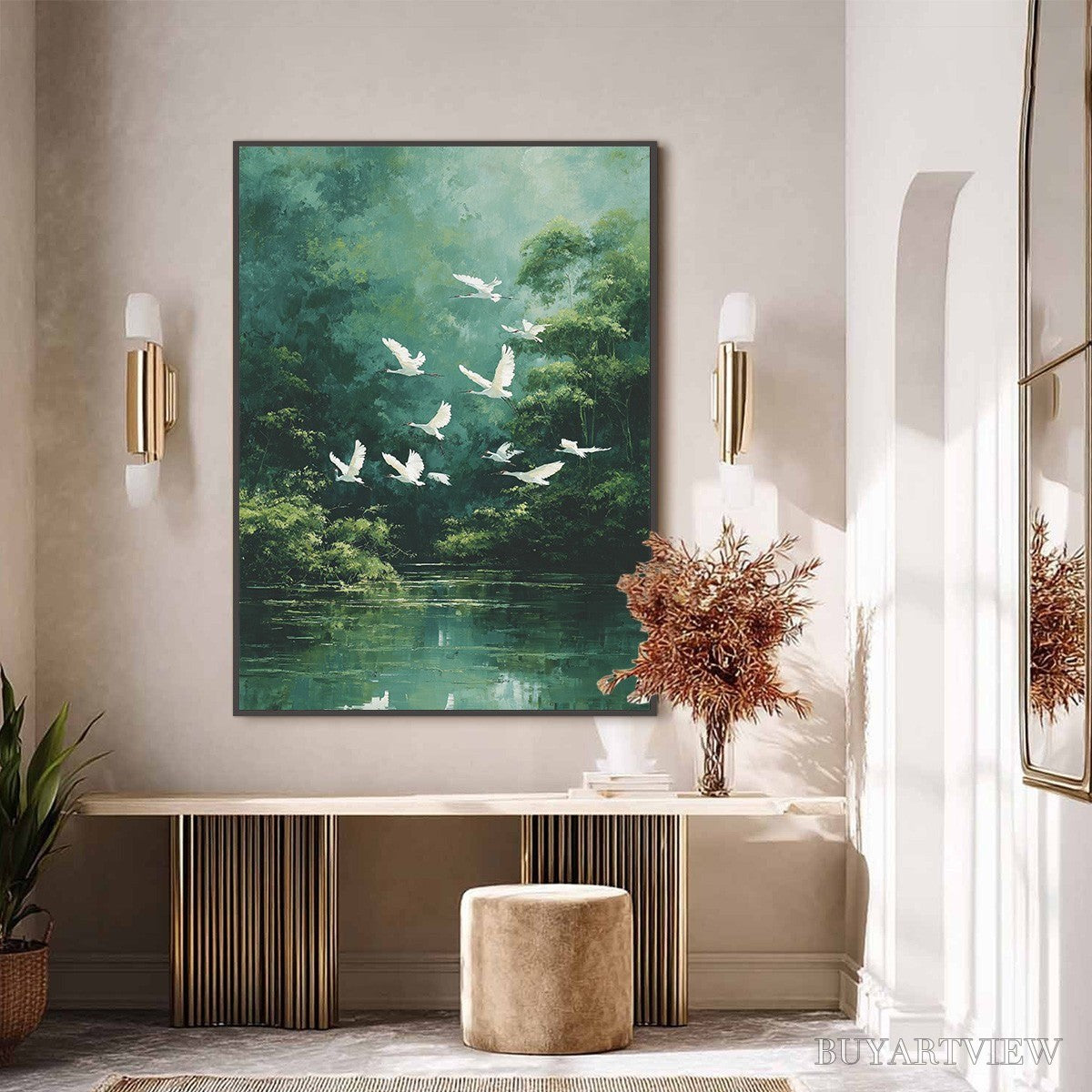 ARTOVITAS Green Haven – Serene Forest Landscape with Flying Egrets Painting - image 6