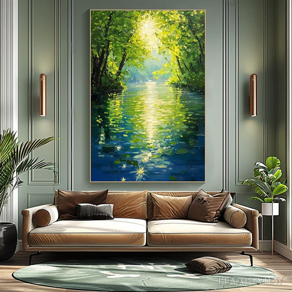 ARTOVITAS Emerald Glow – Impressionist Forest River Landscape Painting - image 4