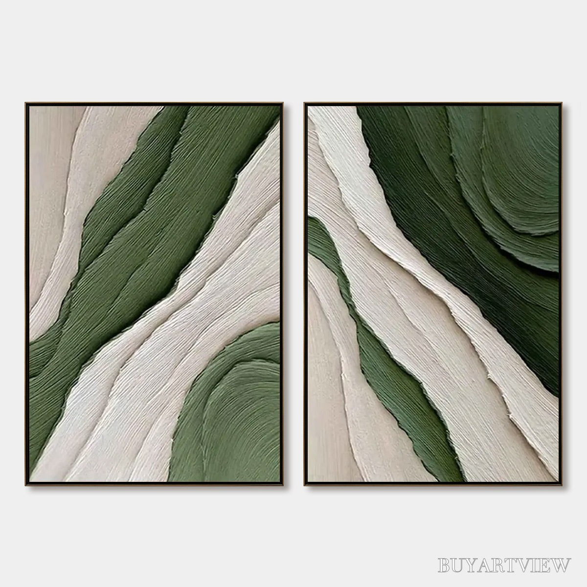 ARTOVITAS Verdant Flow – Textured Abstract Green and White Diptych Painting - image 1