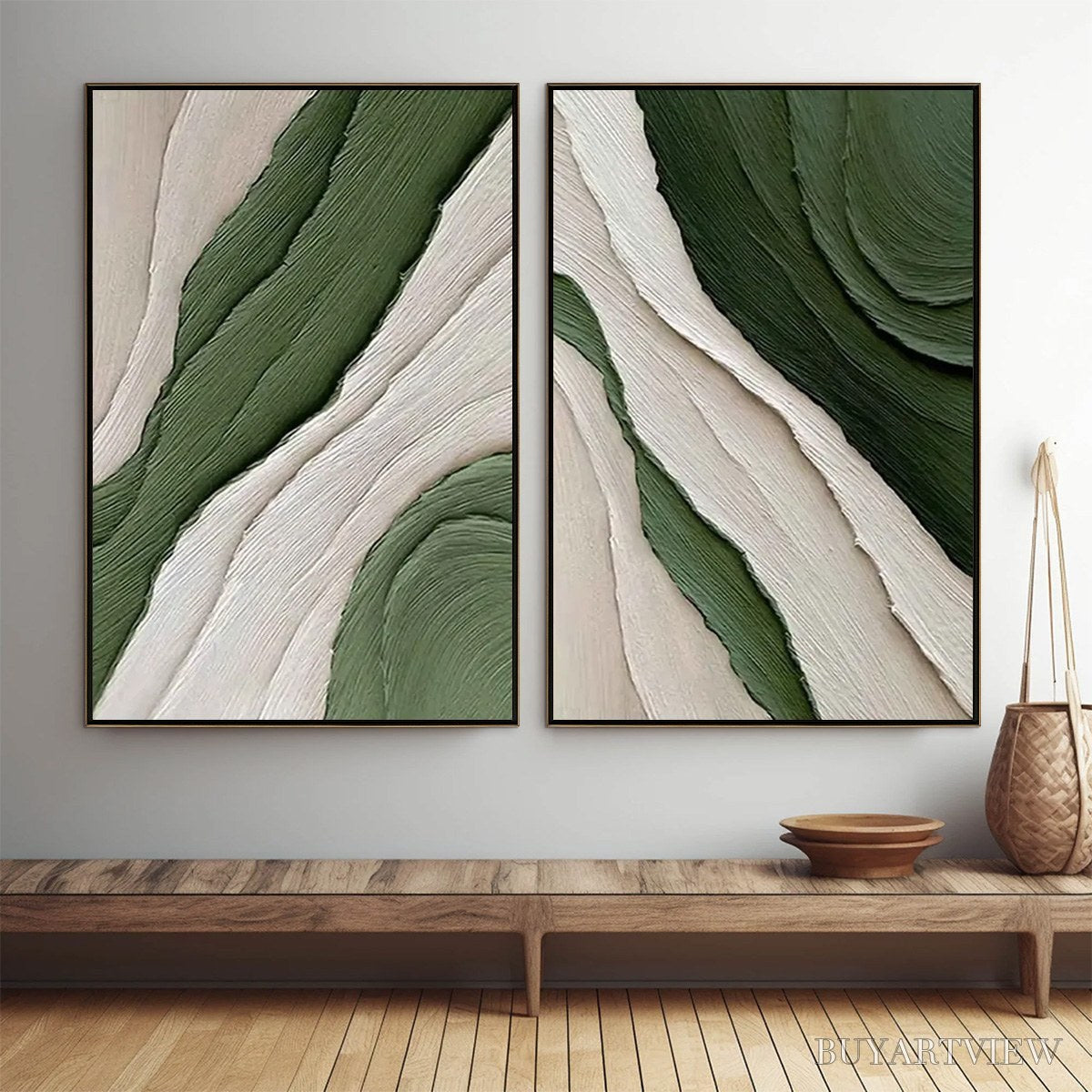 ARTOVITAS Verdant Flow – Textured Abstract Green and White Diptych Painting - image 2
