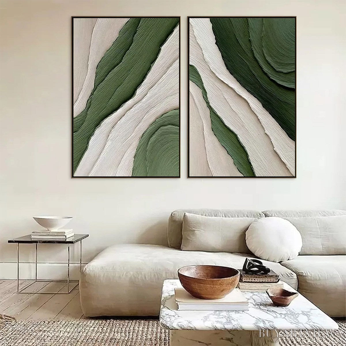 ARTOVITAS Verdant Flow – Textured Abstract Green and White Diptych Painting - image 3