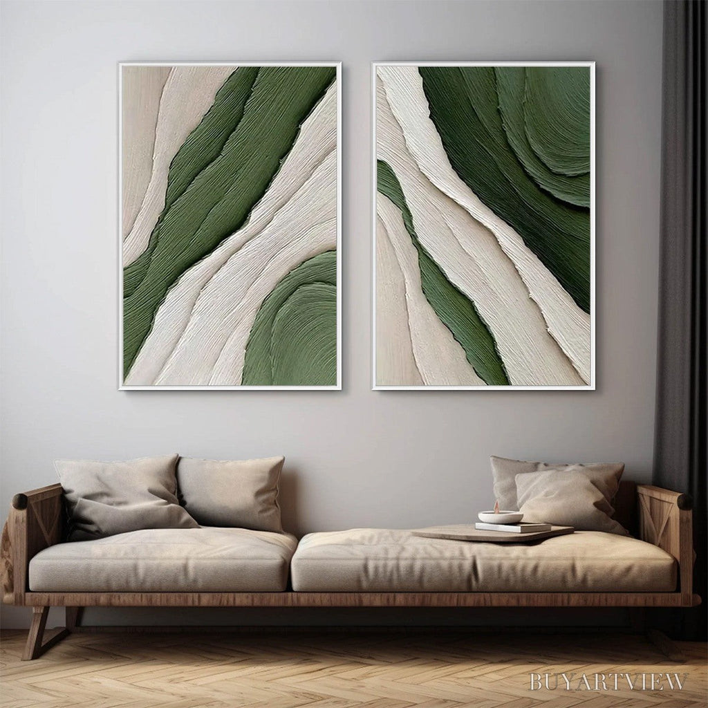ARTOVITAS Verdant Flow – Textured Abstract Green and White Diptych Painting - image 4