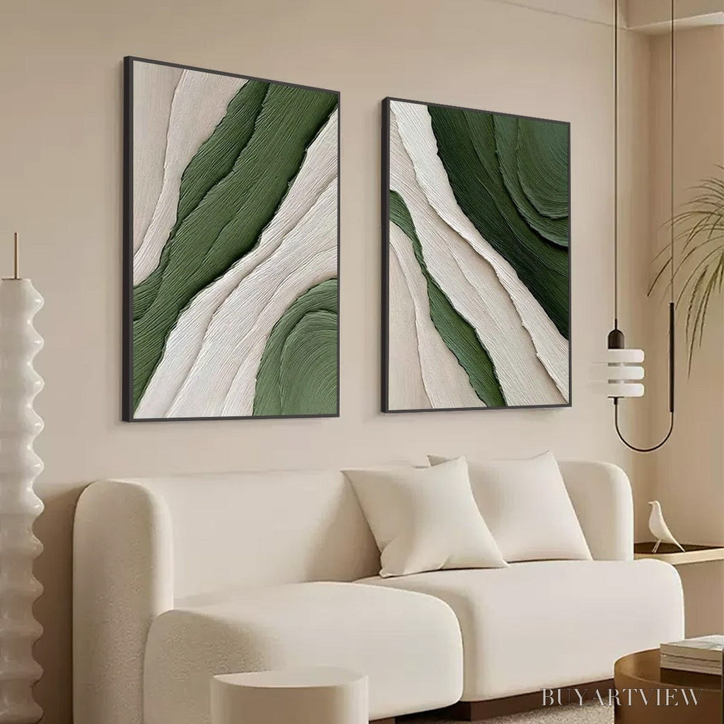 ARTOVITAS Verdant Flow – Textured Abstract Green and White Diptych Painting - image 5