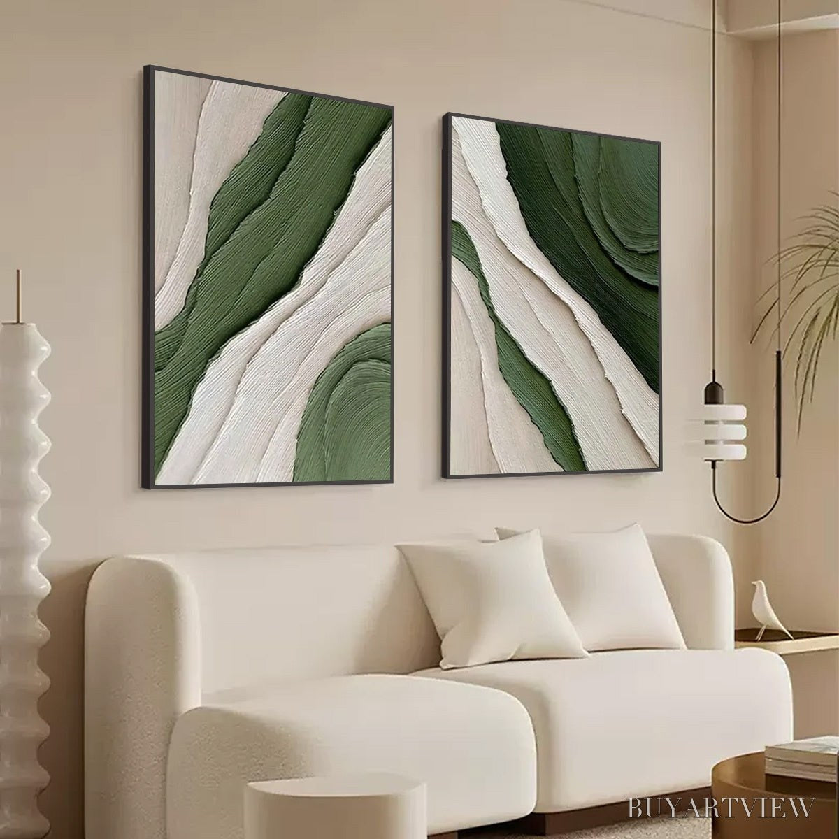 ARTOVITAS Verdant Flow – Textured Abstract Green and White Diptych Painting - image 5