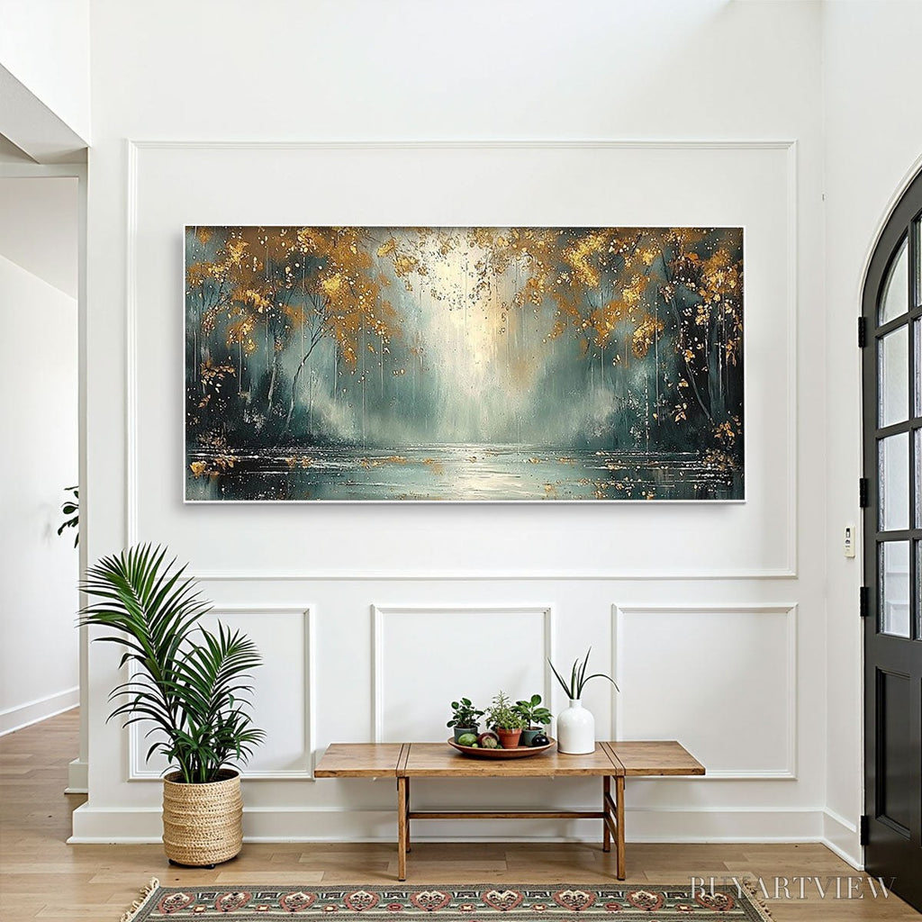 ARTOVITAS Golden Whispers – Textured Forest Landscape Oil Painting with Gold Accents - image 2
