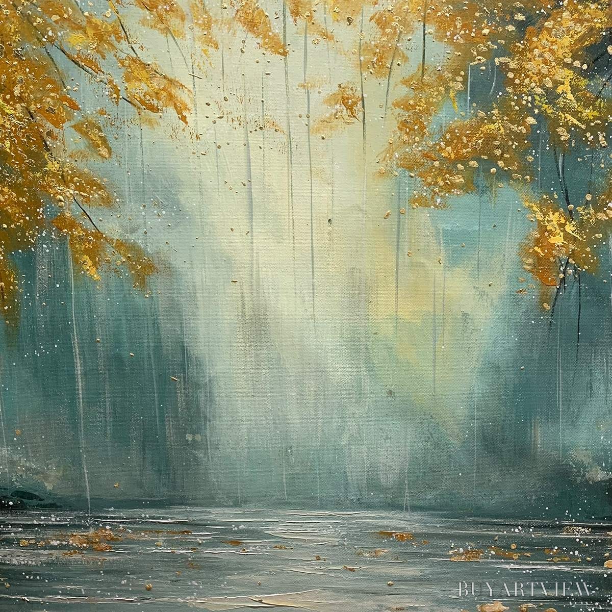 ARTOVITAS Golden Whispers – Textured Forest Landscape Oil Painting with Gold Accents - image 3