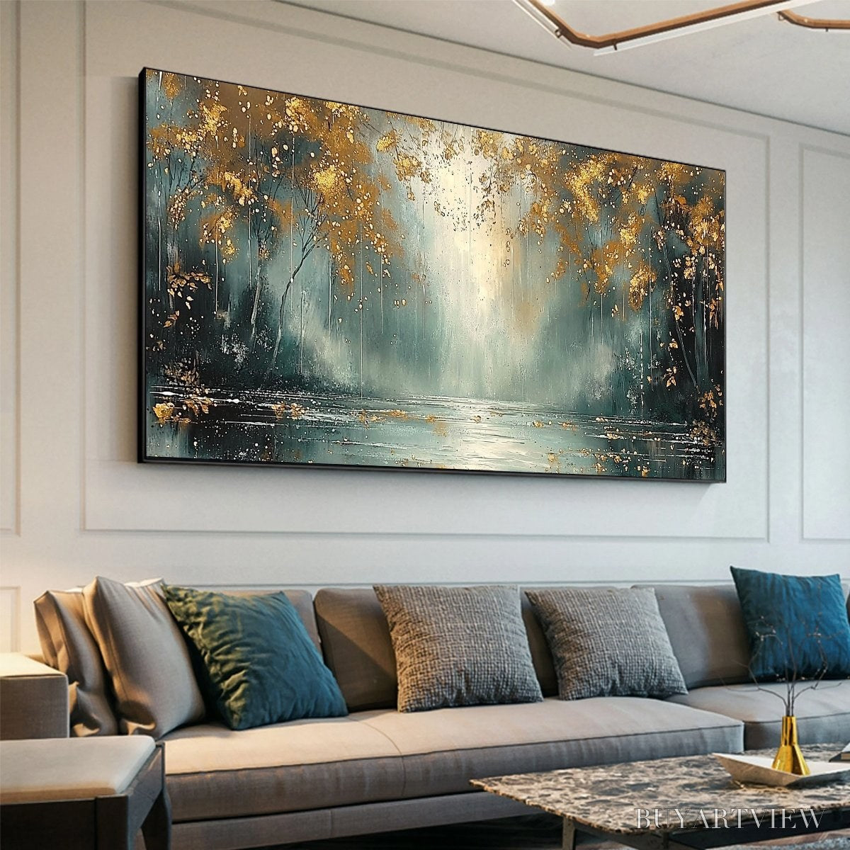ARTOVITAS Golden Whispers – Textured Forest Landscape Oil Painting with Gold Accents - image 4