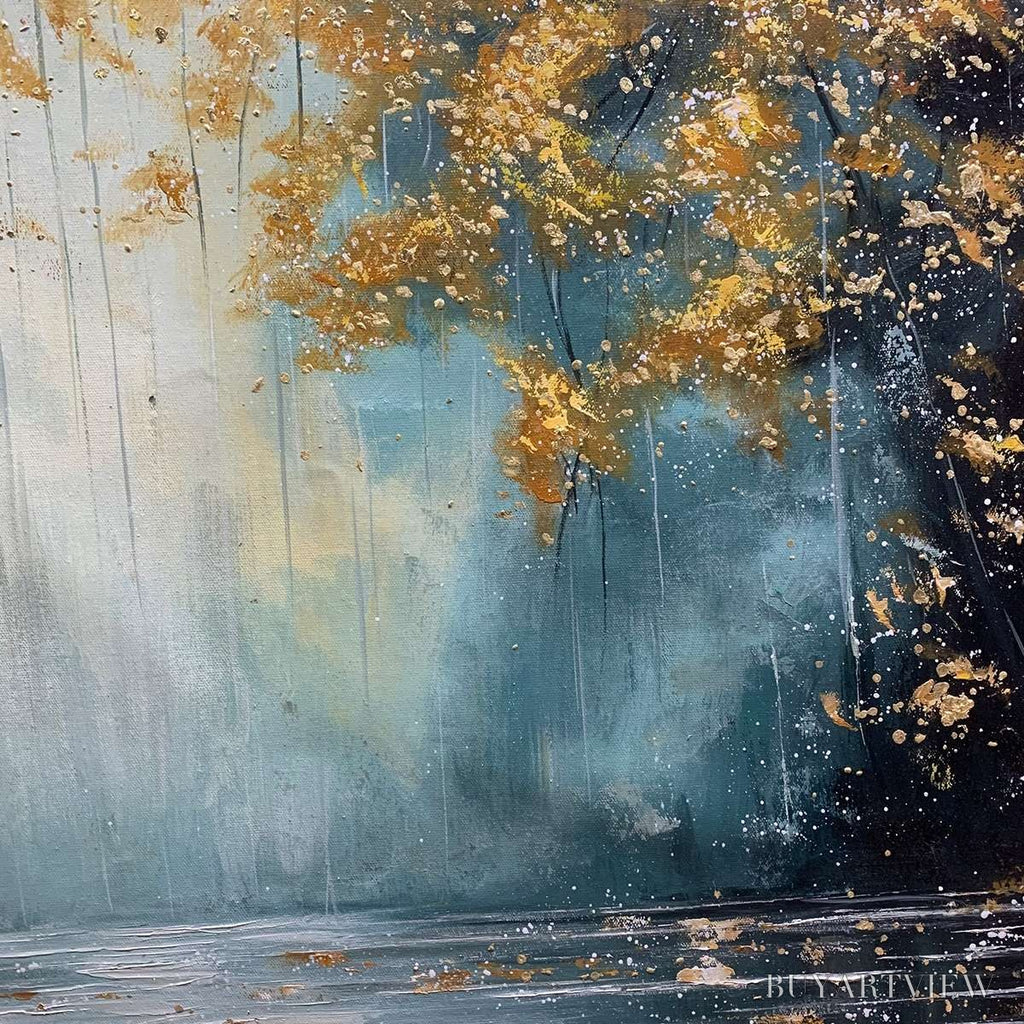 ARTOVITAS Golden Whispers – Textured Forest Landscape Oil Painting with Gold Accents - image 5