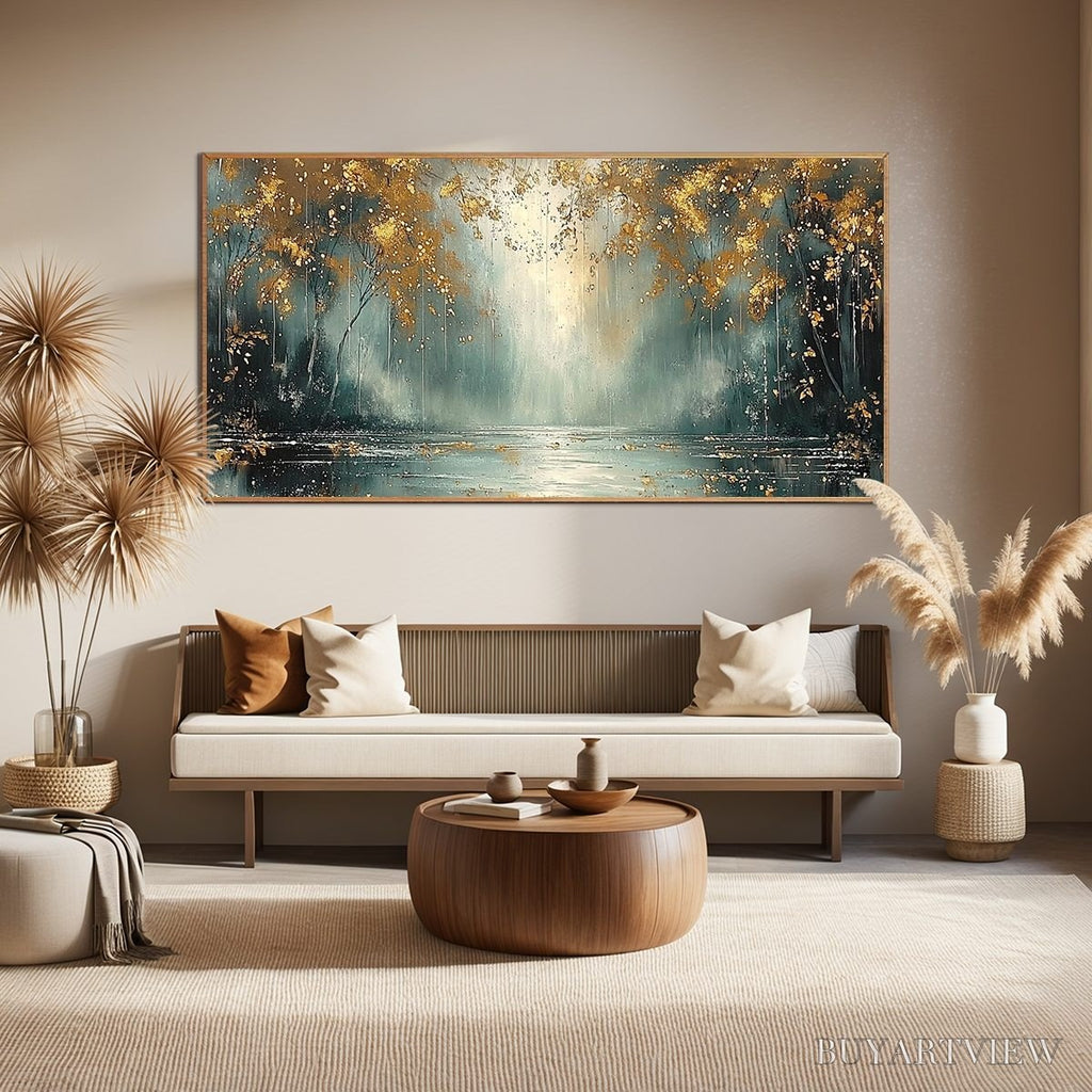 ARTOVITAS Golden Whispers – Textured Forest Landscape Oil Painting with Gold Accents - image 6