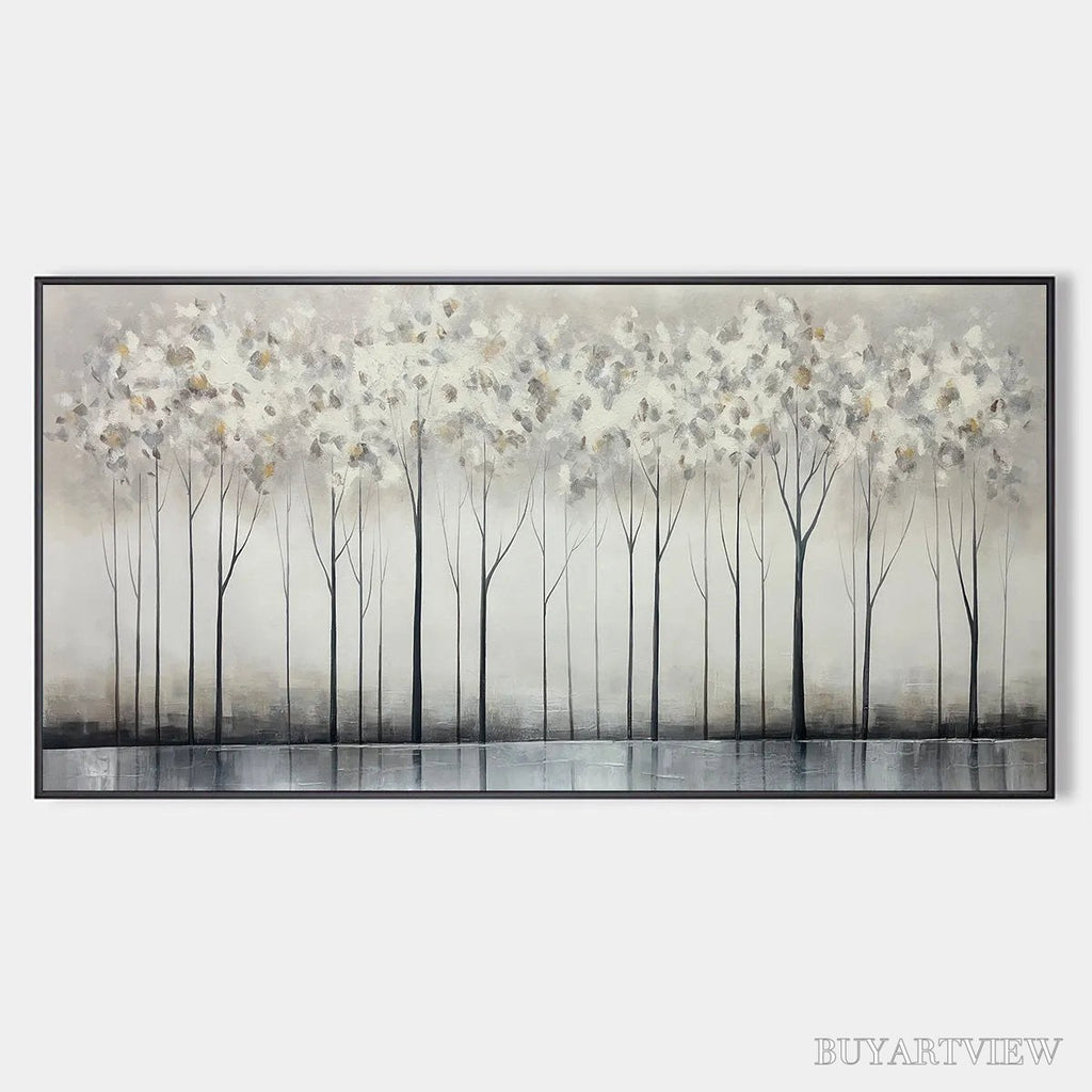 ARTOVITAS Silver Birch Mist – Forest Landscape Painting in Grey and White - image 1