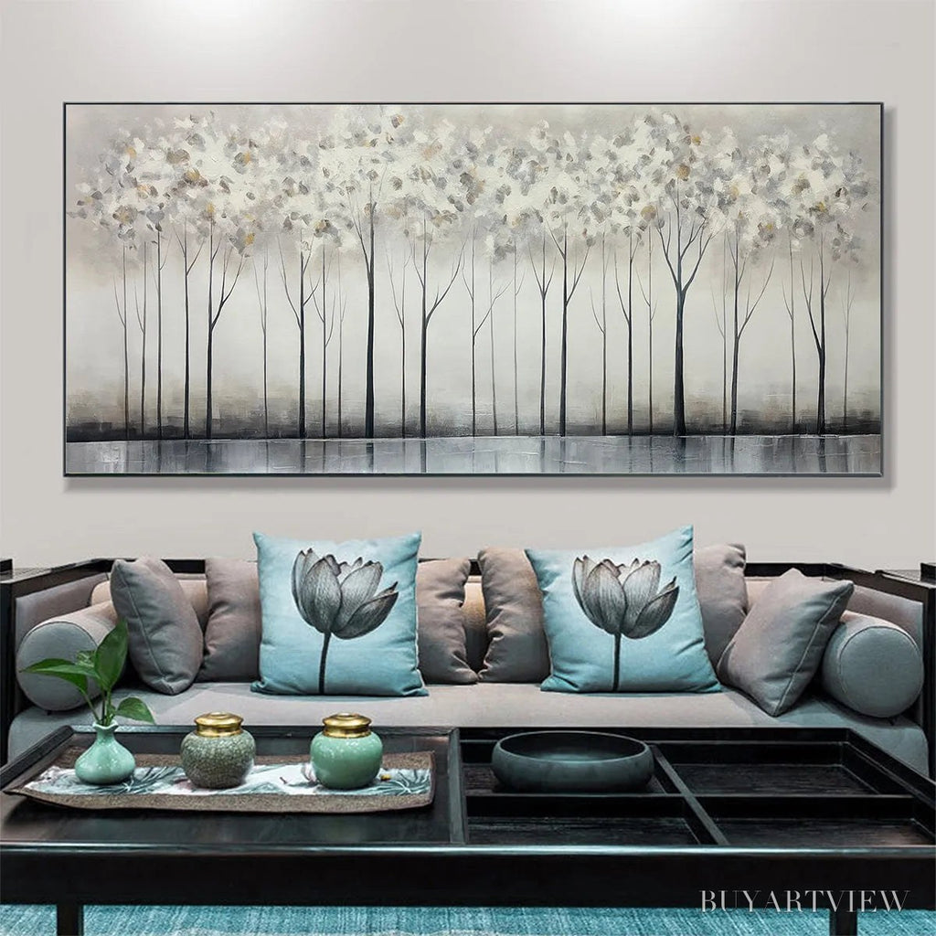 ARTOVITAS Silver Birch Mist – Forest Landscape Painting in Grey and White - image 2