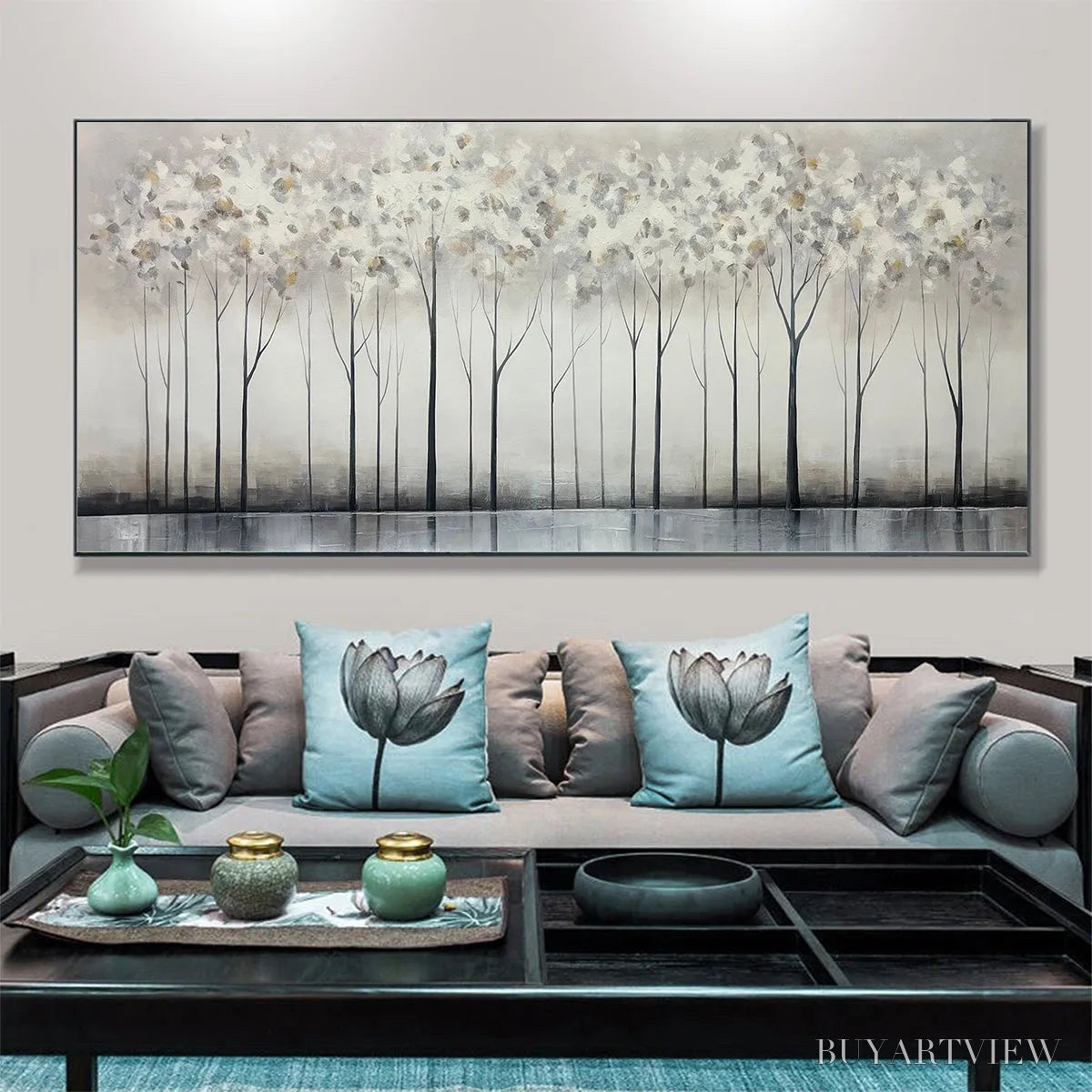 ARTOVITAS Silver Birch Mist – Forest Landscape Painting in Grey and White - image 2