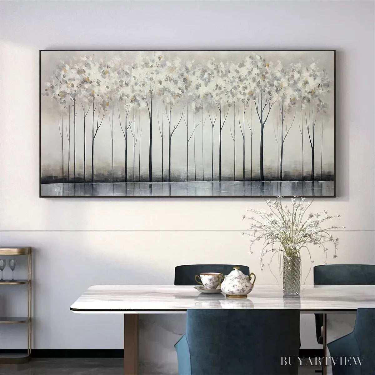 ARTOVITAS Silver Birch Mist – Forest Landscape Painting in Grey and White - image 5