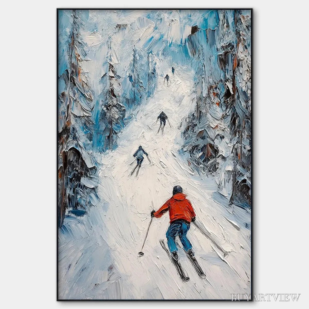 ARTOVITAS First Run – Textured Impasto Skiing Painting on Vertical Canvas - image 1