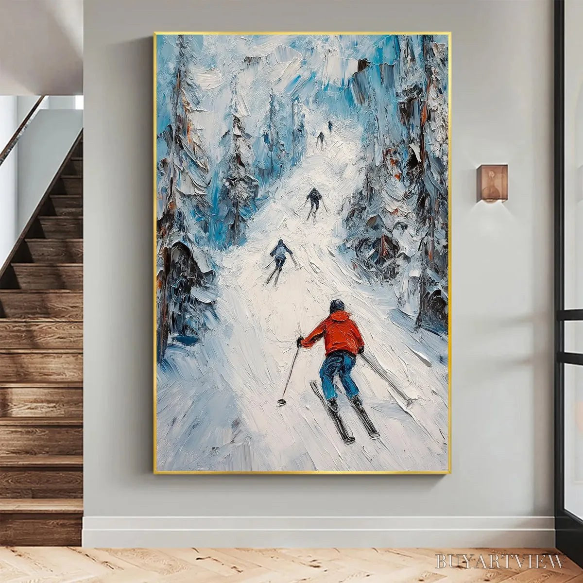 ARTOVITAS First Run – Textured Impasto Skiing Painting on Vertical Canvas - image 2