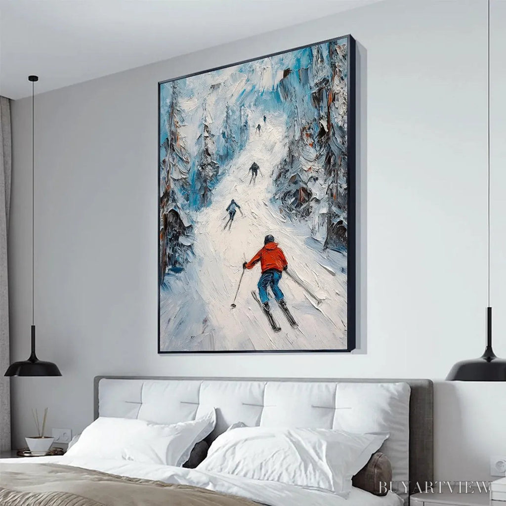 ARTOVITAS First Run – Textured Impasto Skiing Painting on Vertical Canvas - image 4