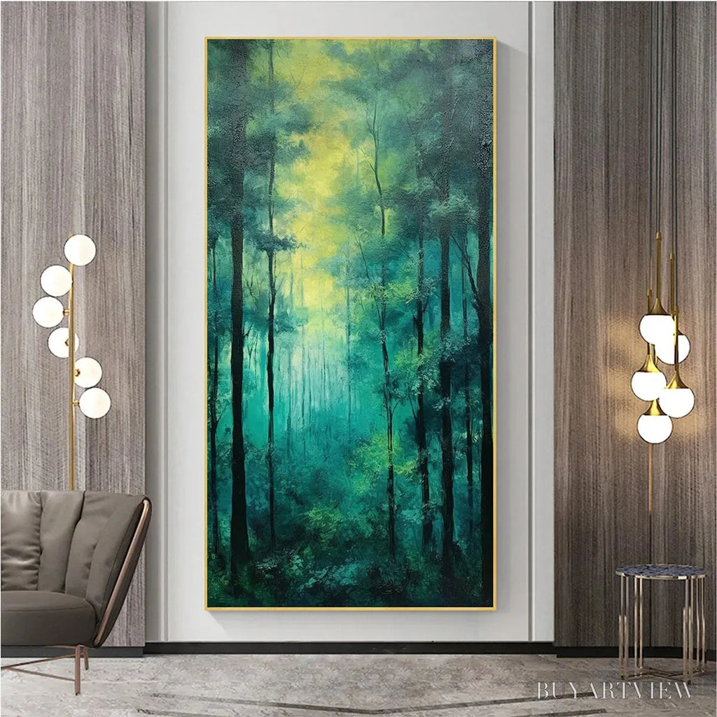 ARTOVITAS Emerald Forest Path – Vertical Forest Painting, Green Woodland Scene, Nature , Living Room - image 2