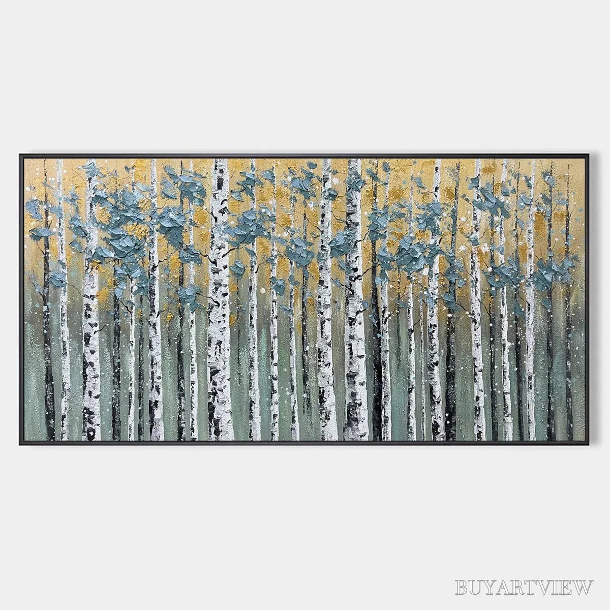 ARTOVITAS Golden Birch Grove – Textured Birch Tree Painting, Gold and Green , Horizontal Canvas, Forest Decor - image 1