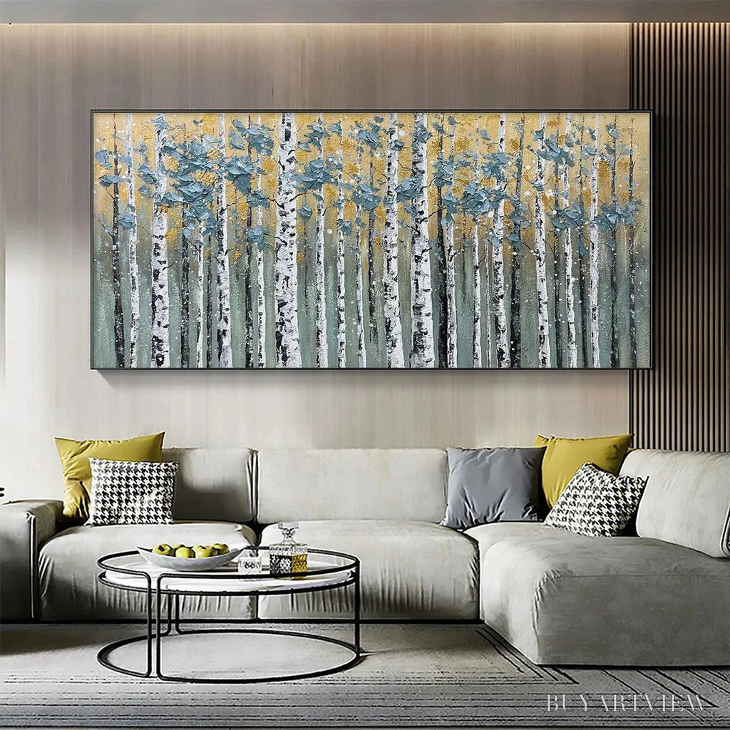 ARTOVITAS Golden Birch Grove – Textured Birch Tree Painting, Gold and Green , Horizontal Canvas, Forest Decor - image 2