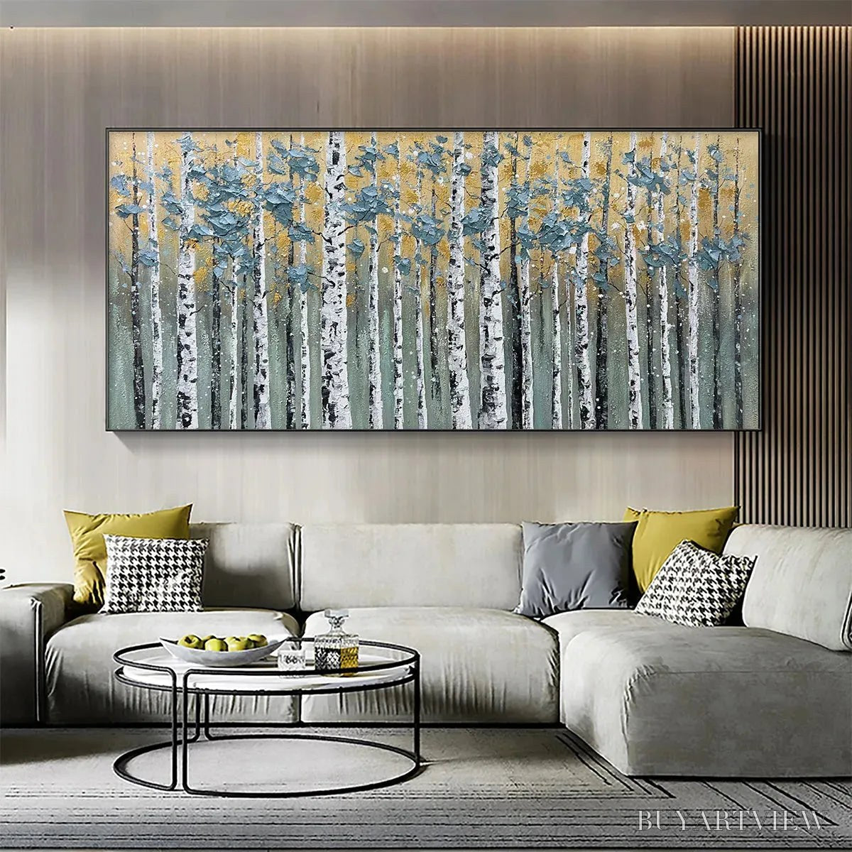 ARTOVITAS Golden Birch Grove – Textured Birch Tree Painting, Gold and Green , Horizontal Canvas, Forest Decor - image 2