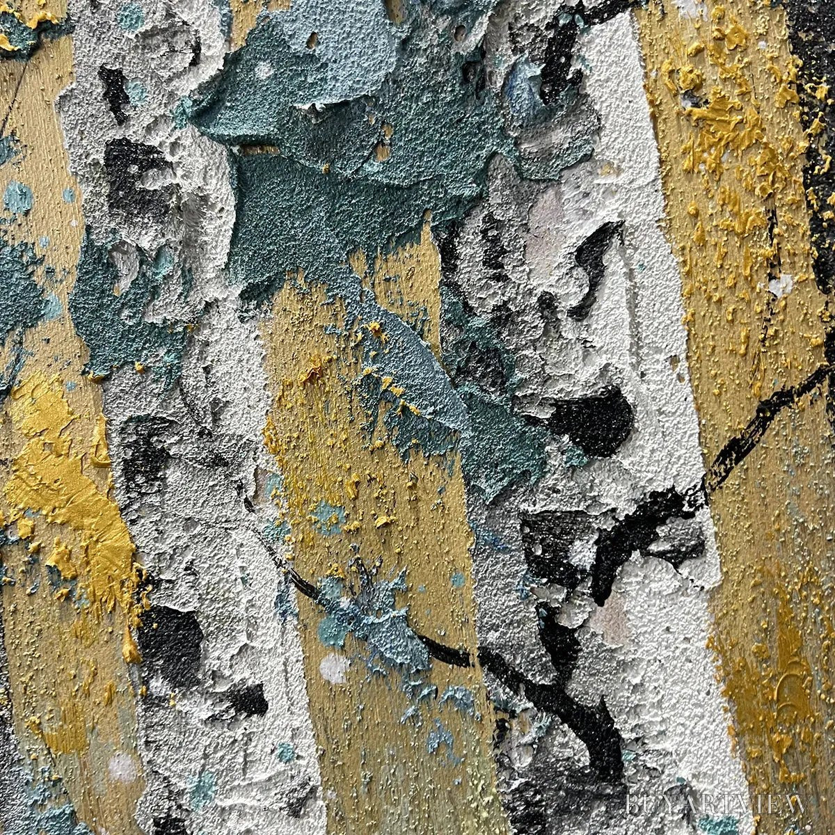 ARTOVITAS Golden Birch Grove – Textured Birch Tree Painting, Gold and Green , Horizontal Canvas, Forest Decor - image 3