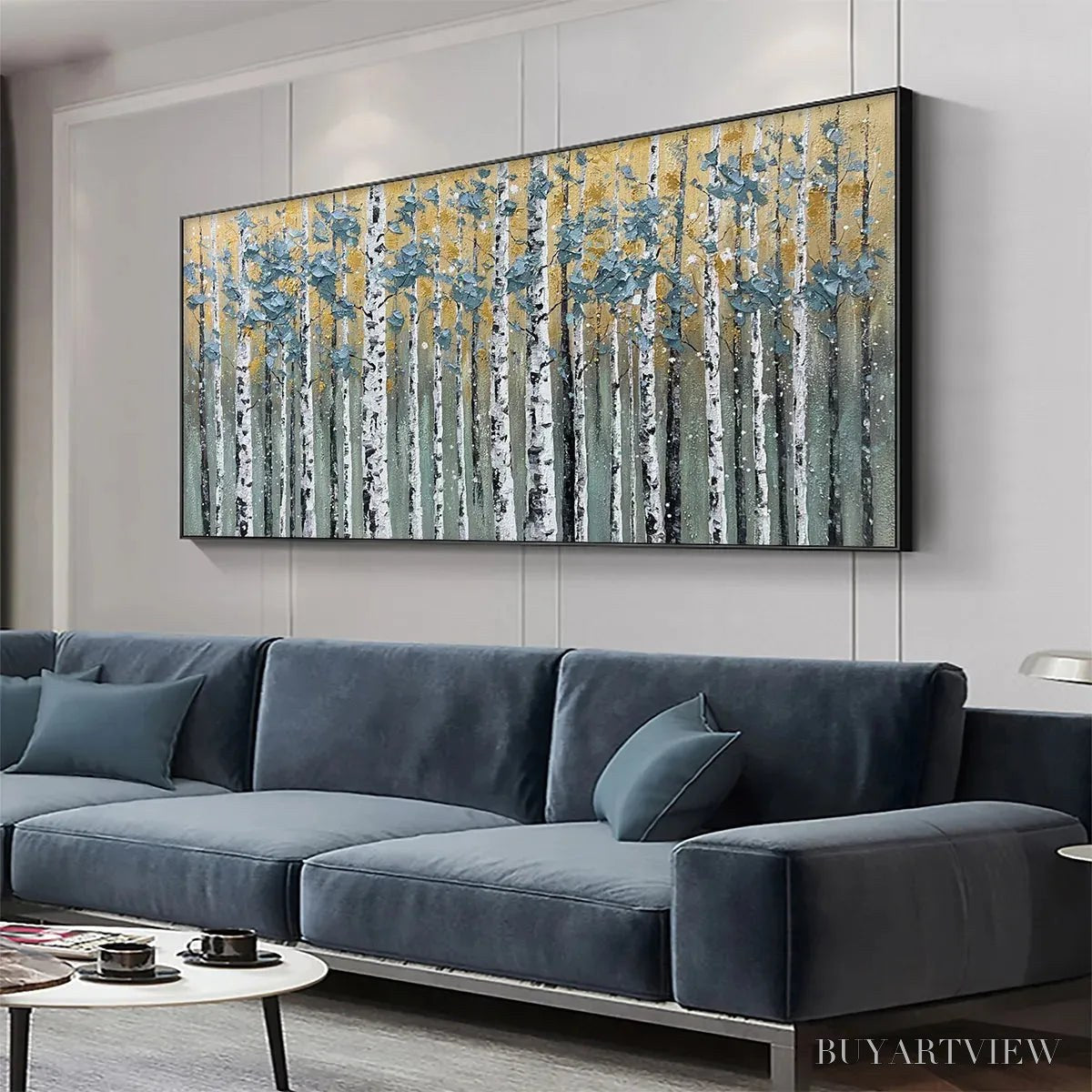 ARTOVITAS Golden Birch Grove – Textured Birch Tree Painting, Gold and Green , Horizontal Canvas, Forest Decor - image 4
