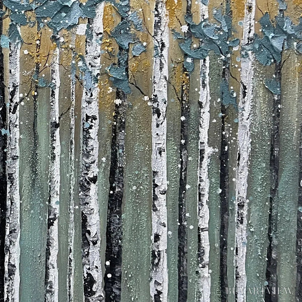ARTOVITAS Golden Birch Grove – Textured Birch Tree Painting, Gold and Green , Horizontal Canvas, Forest Decor - image 5