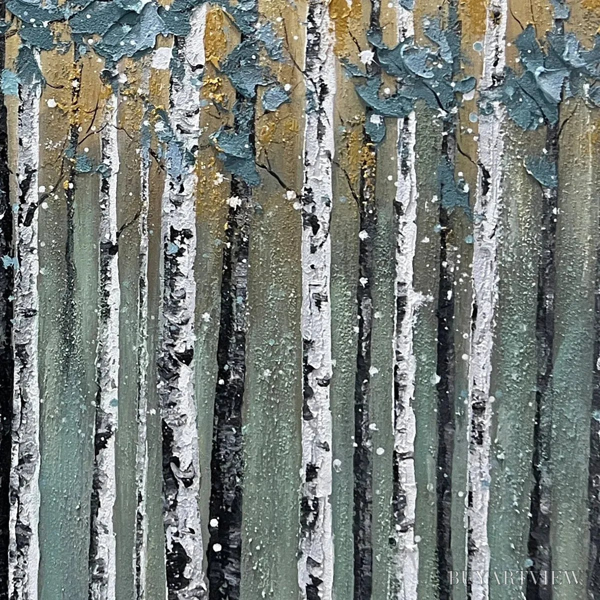 ARTOVITAS Golden Birch Grove – Textured Birch Tree Painting, Gold and Green , Horizontal Canvas, Forest Decor - image 5
