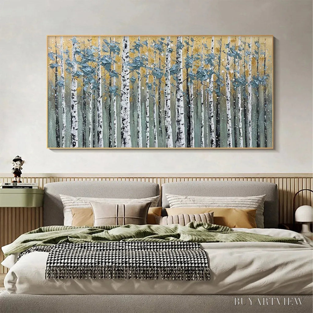 ARTOVITAS Golden Birch Grove – Textured Birch Tree Painting, Gold and Green , Horizontal Canvas, Forest Decor - image 6