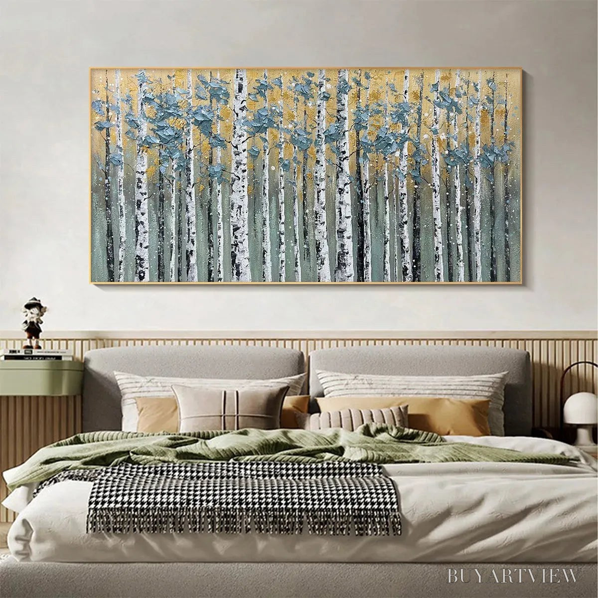 ARTOVITAS Golden Birch Grove – Textured Birch Tree Painting, Gold and Green , Horizontal Canvas, Forest Decor - image 6