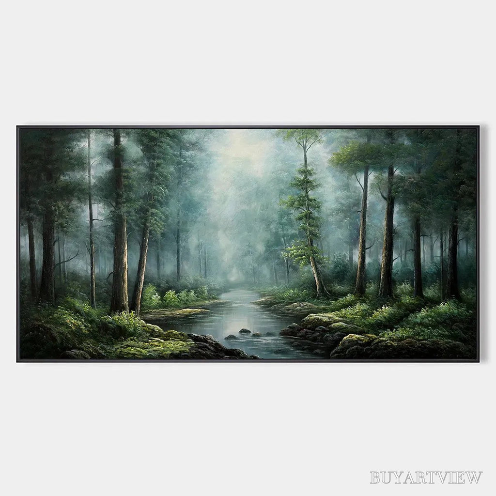 ARTOVITAS Forest Path – Panoramic Forest Painting with Stream, Misty Landscape, Canvas - image 1