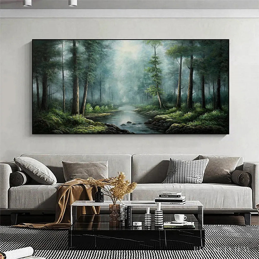 ARTOVITAS Forest Path – Panoramic Forest Painting with Stream, Misty Landscape, Canvas - image 2