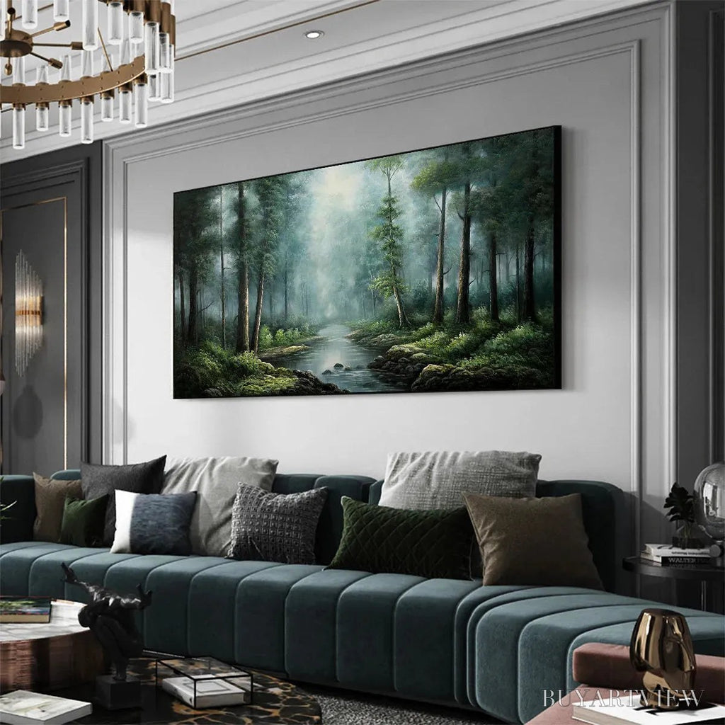 ARTOVITAS Forest Path – Panoramic Forest Painting with Stream, Misty Landscape, Canvas - image 4
