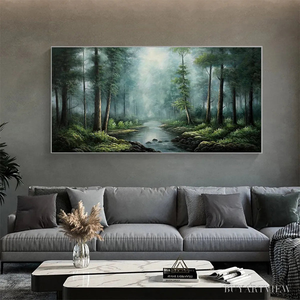 ARTOVITAS Forest Path – Panoramic Forest Painting with Stream, Misty Landscape, Canvas - image 5