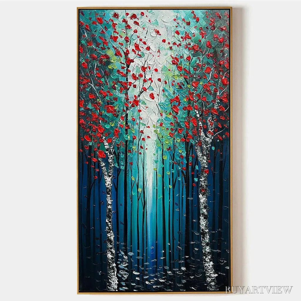 ARTOVITAS Crimson Forest – Vertical Textured Impasto Painting of a Forest with Red Accents, Modern , Blue, Green and Red - image 1