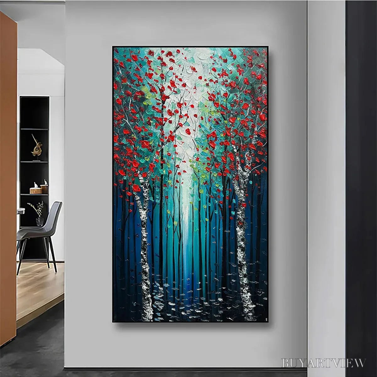ARTOVITAS Crimson Forest – Vertical Textured Impasto Painting of a Forest with Red Accents, Modern , Blue, Green and Red - image 2